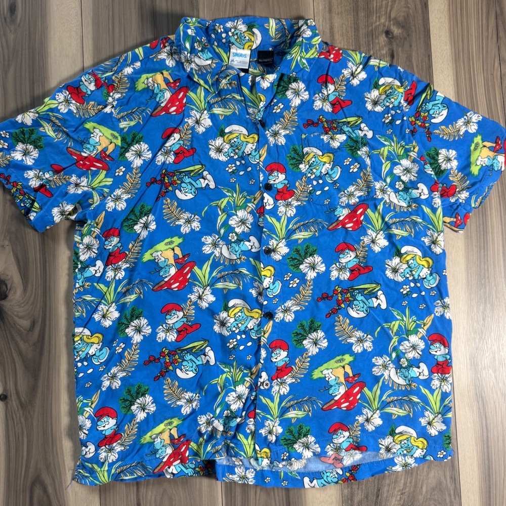 The Smurfs Mens Tropical Hawaiian Button Down Shirt Blue Floral XL Short Sleeve